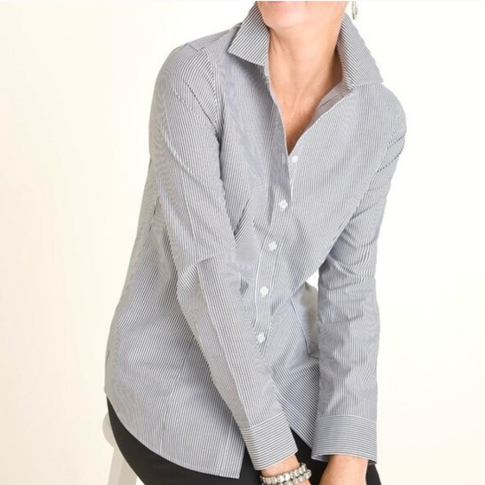 Chico's Womens No-Iron Coolmax All Season Button-Up Shirt Black White Stripe 18